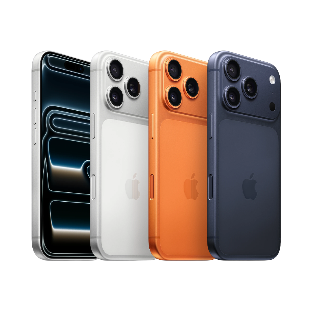 Linha iPhone 17 Pro Max em quatro acabamentos, com modelos vistos de frente e por trás